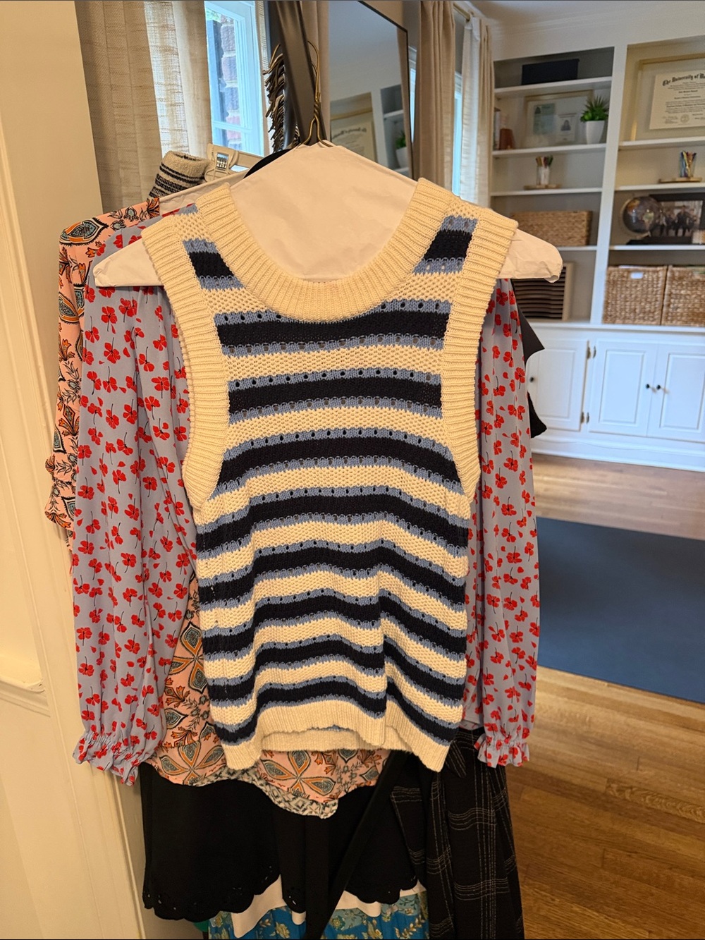 LOFT Striped Knit Sleeveless Sweater Vest - Cream & Navy Blue